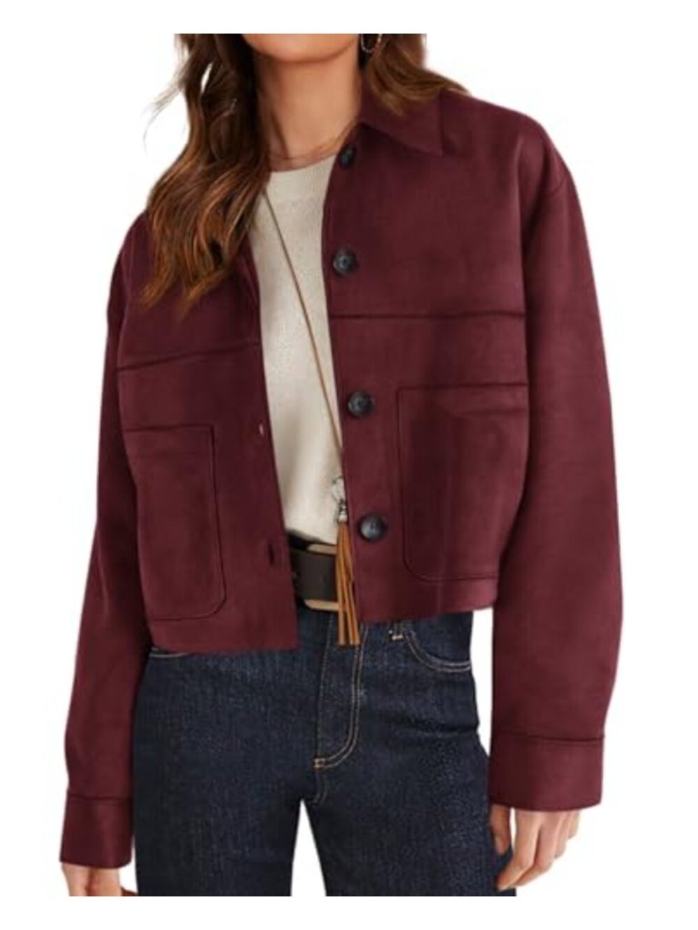 Faux Suede Cropped Shacket Lightweight Button Front Jacket